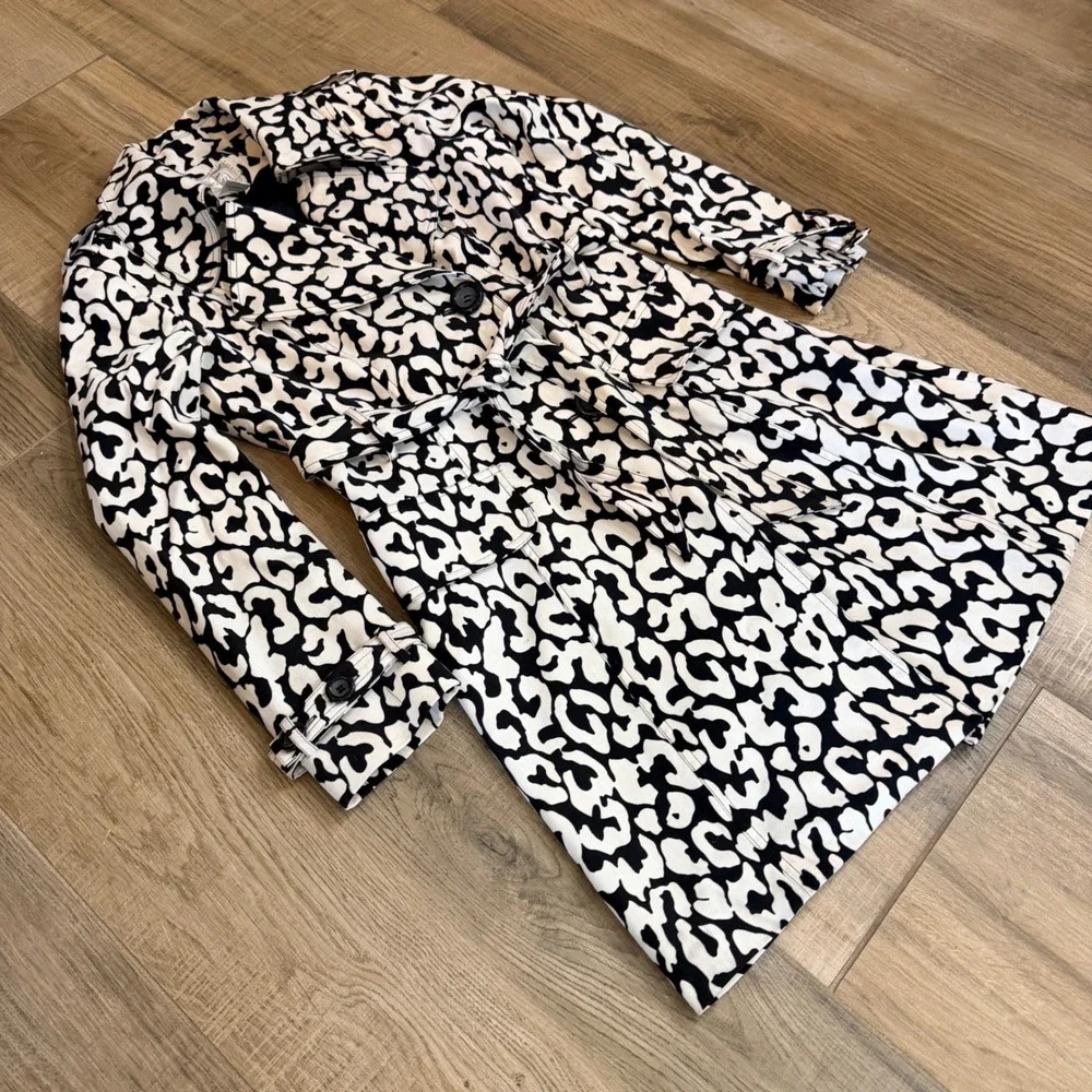 Alberto Makali Black White Leopard Print Belted Trench Coat Lined Size 8